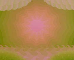 RADIANT SUN (PINK AND GREEN) WITH CLOUDS, WAVES AND GRASS